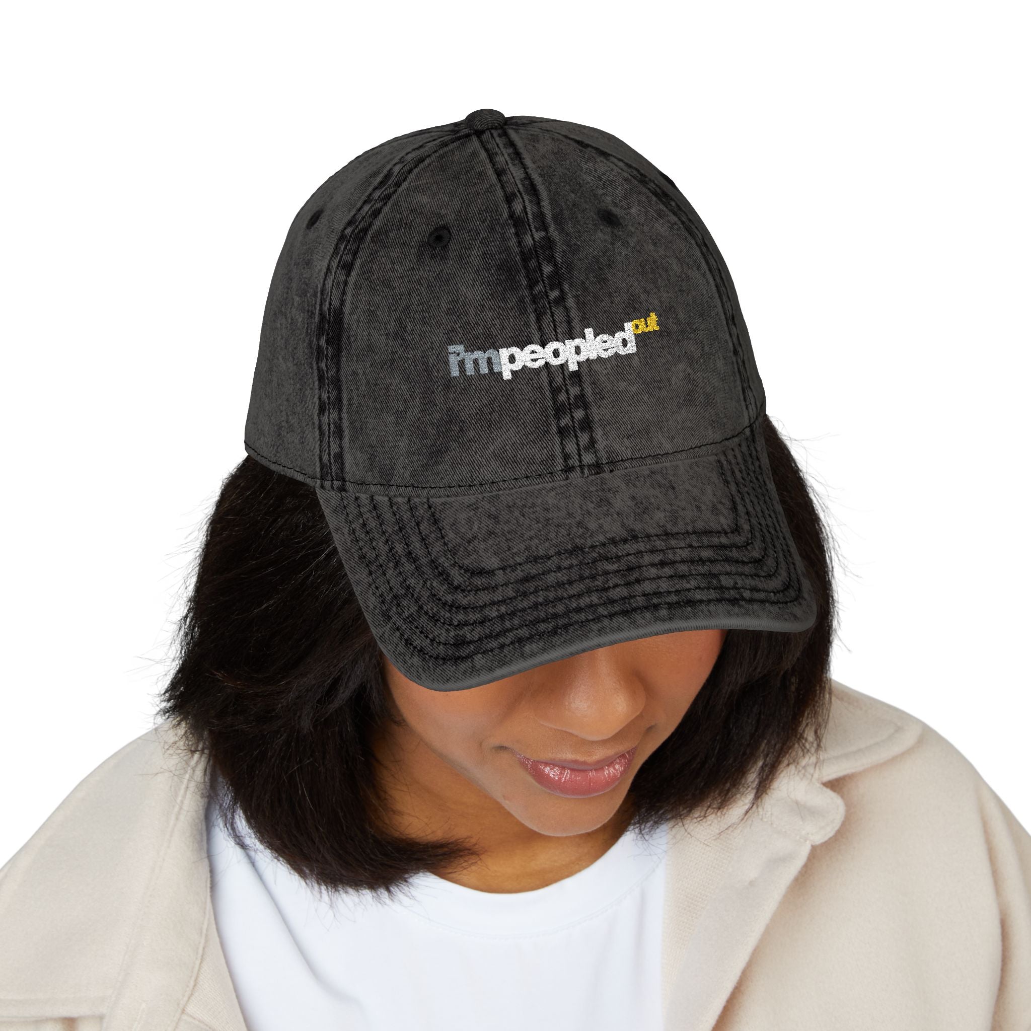DNKE Vintage Embroidered 'I'm Peopled Out' Washed Cap